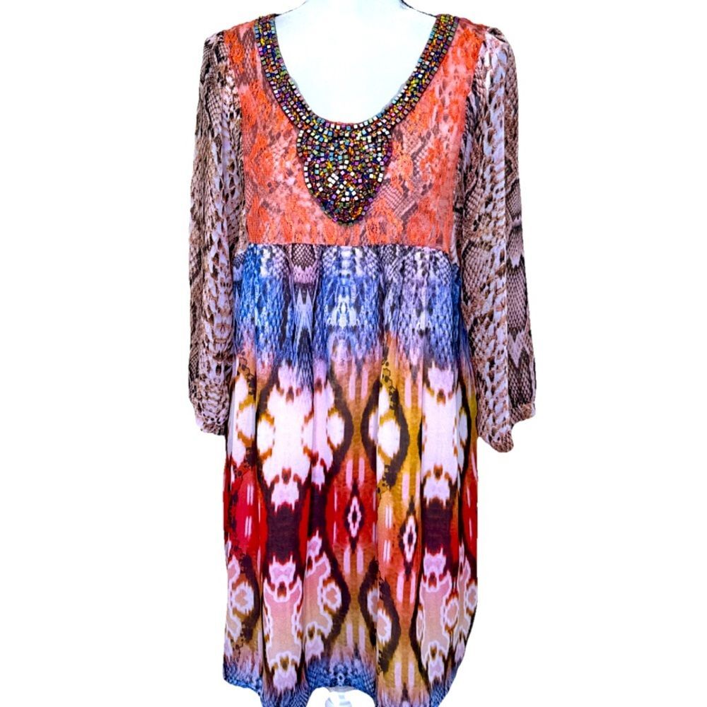 URBAN MANGOZ Bohemian Boho Colorful Tunic Dress Embellished Beaded Neckline